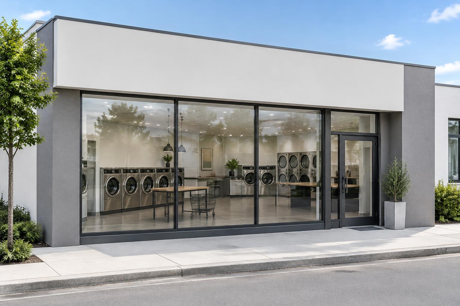 A laundromat storefront seen from across the street